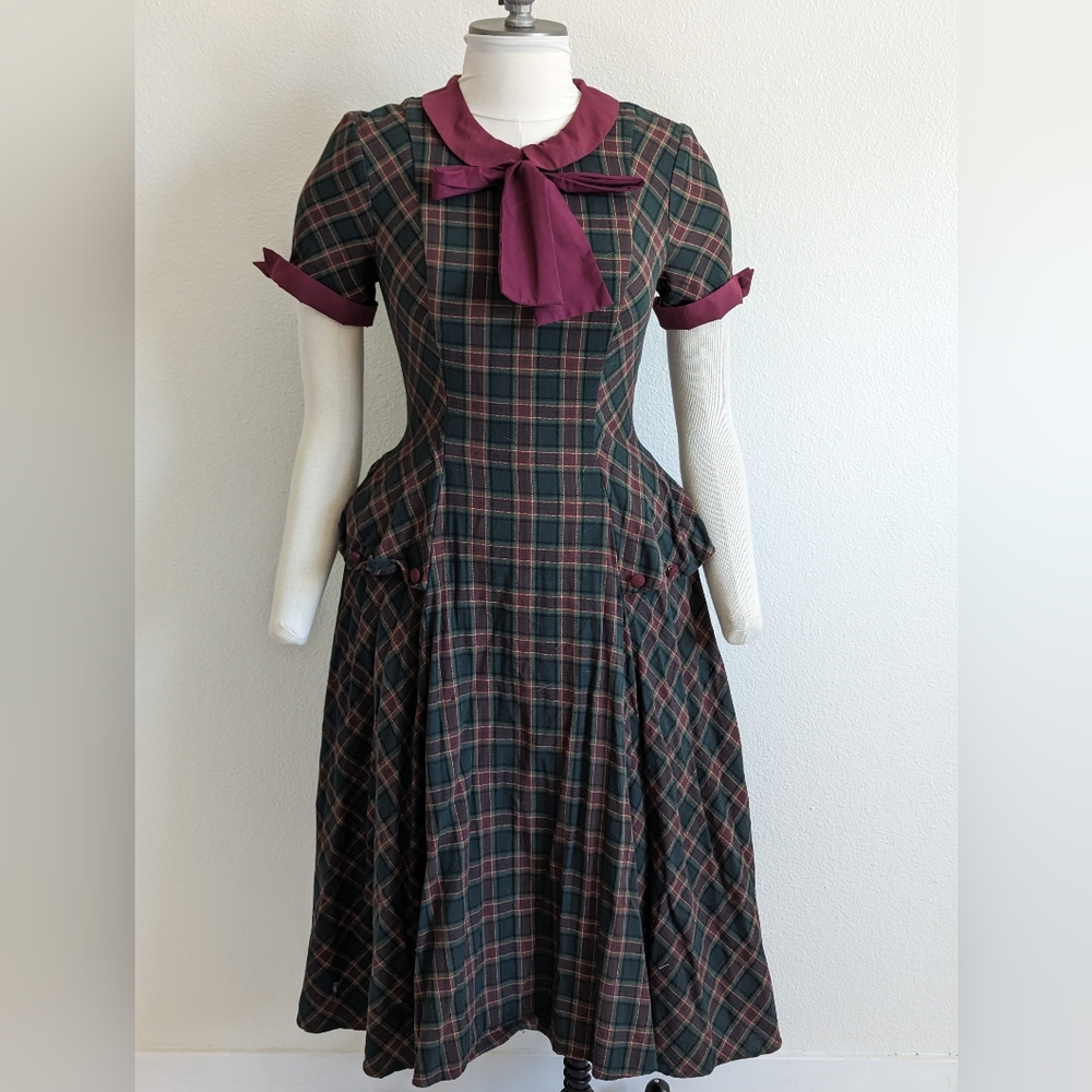 Vintage Inspired Plaid Dress with Bow Detail By Unique Vintage
